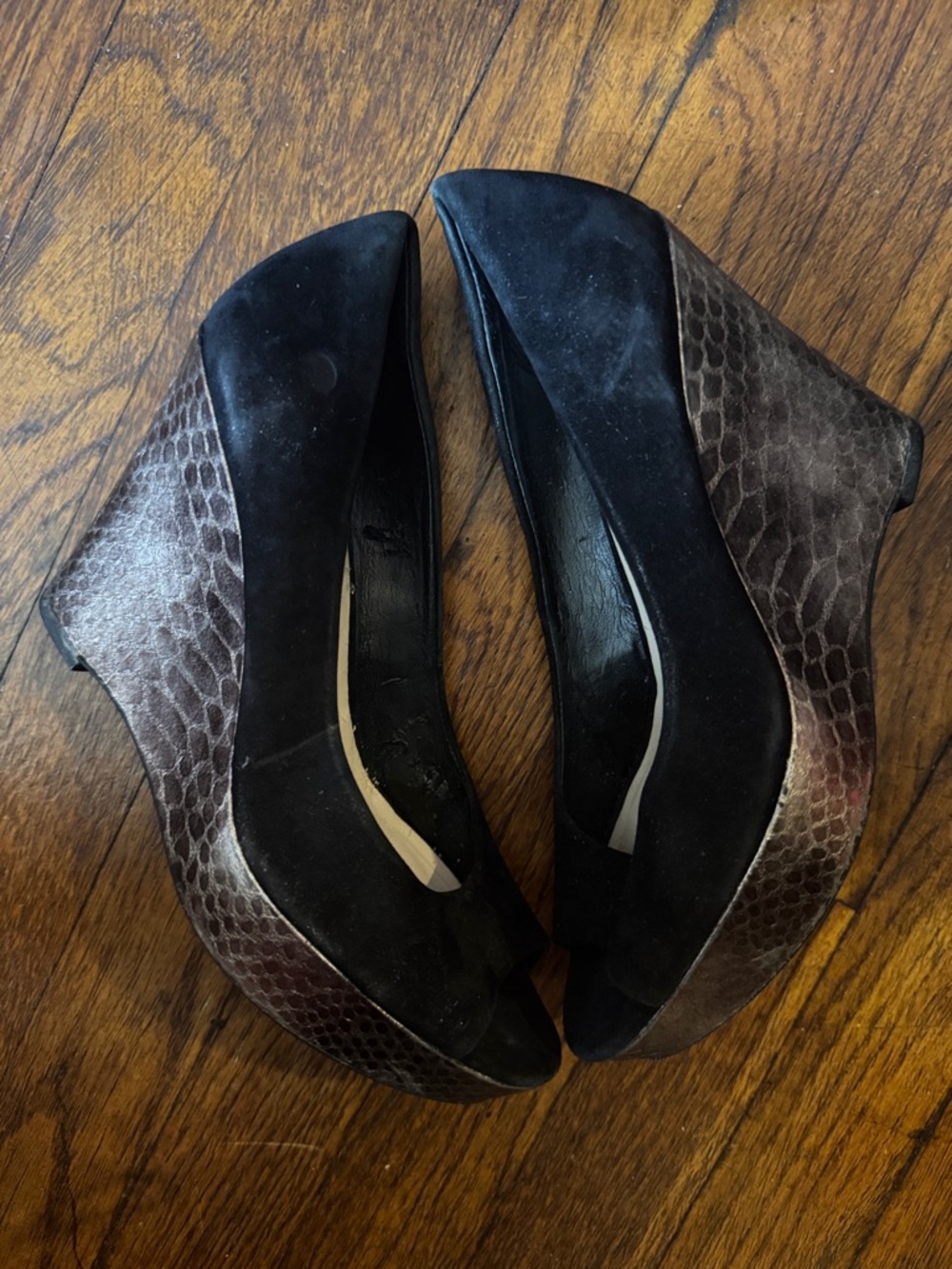 Franco Sarto Black Suede and Brown Snake-Print Wedge Peep-Toe Pre-Loves Heels